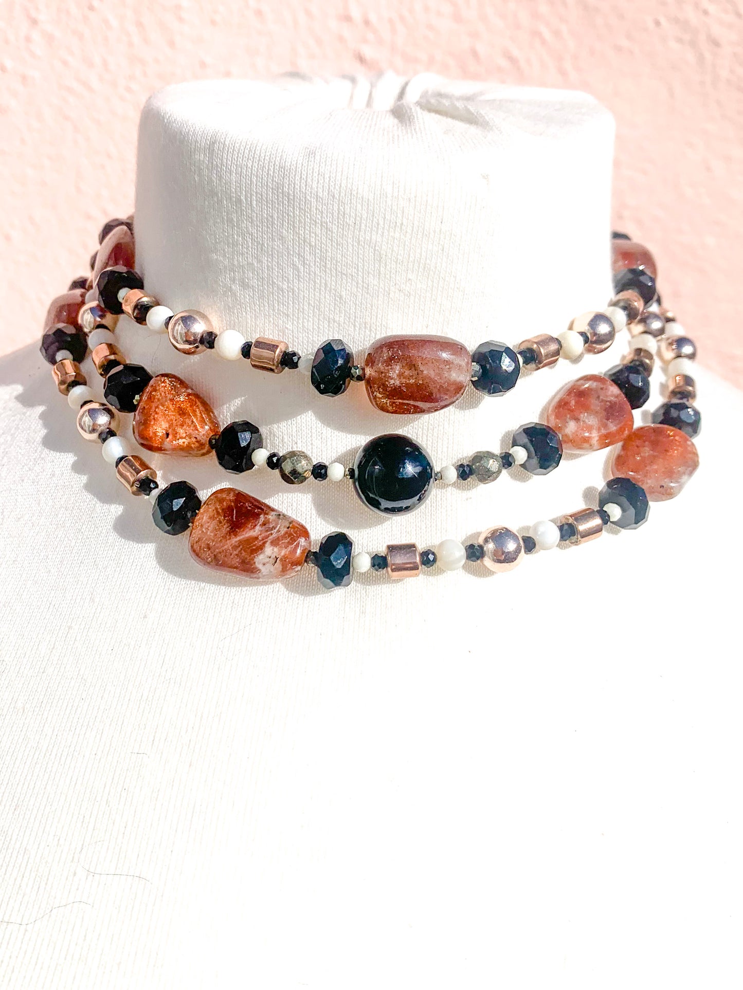 HAUTE - Onyx, Sunstone, Pyrite, Hematite, CZ, Mother of Pearl Necklace /H21
