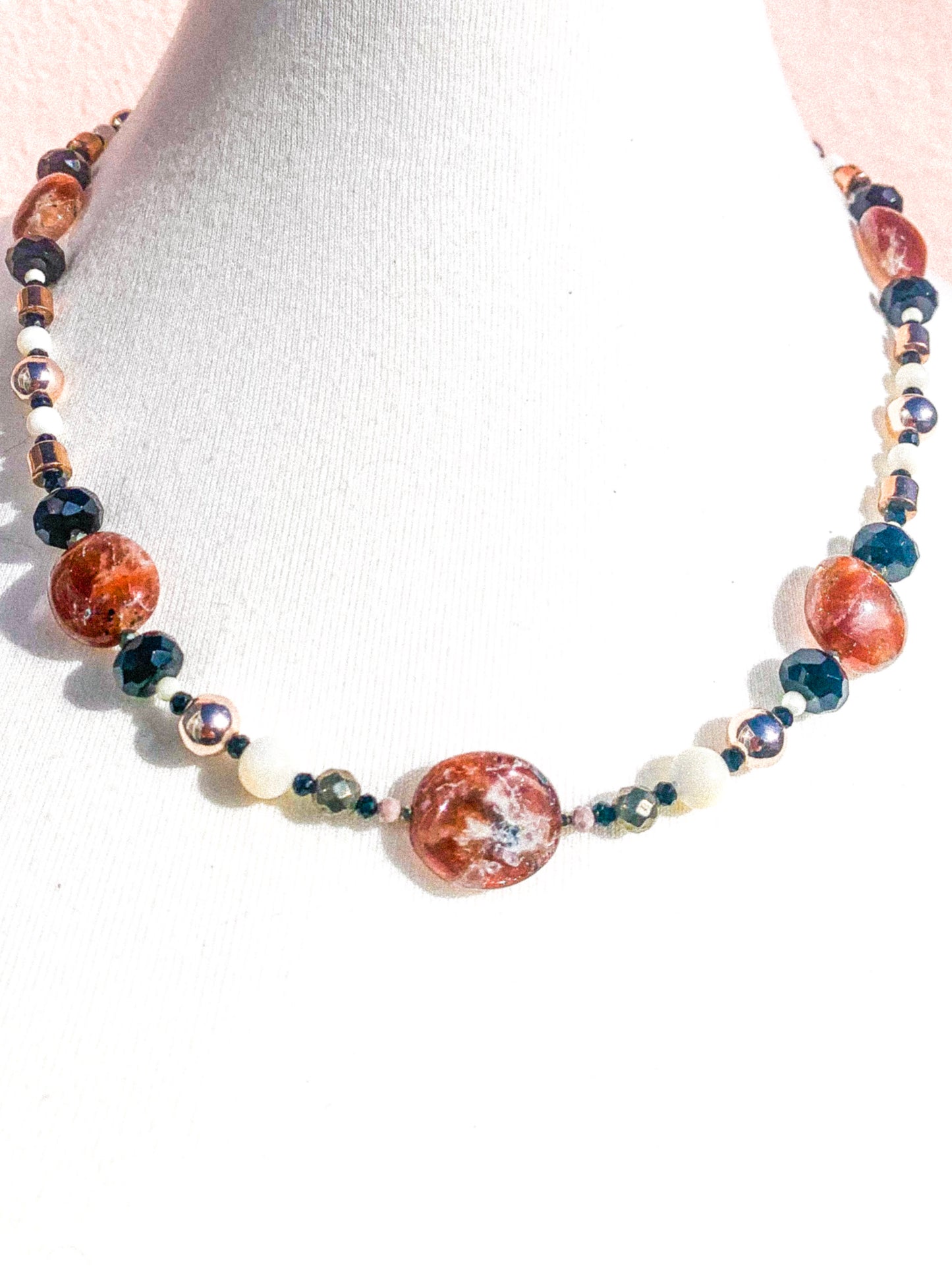 HAUTE - Onyx, Sunstone, Pyrite, Hematite, CZ, Mother of Pearl Necklace /H20