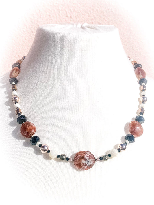 HAUTE : Smoky Quartz, Sunstone, Pyrite, CZ, Hematite, Mother of Pearl Necklace /H17