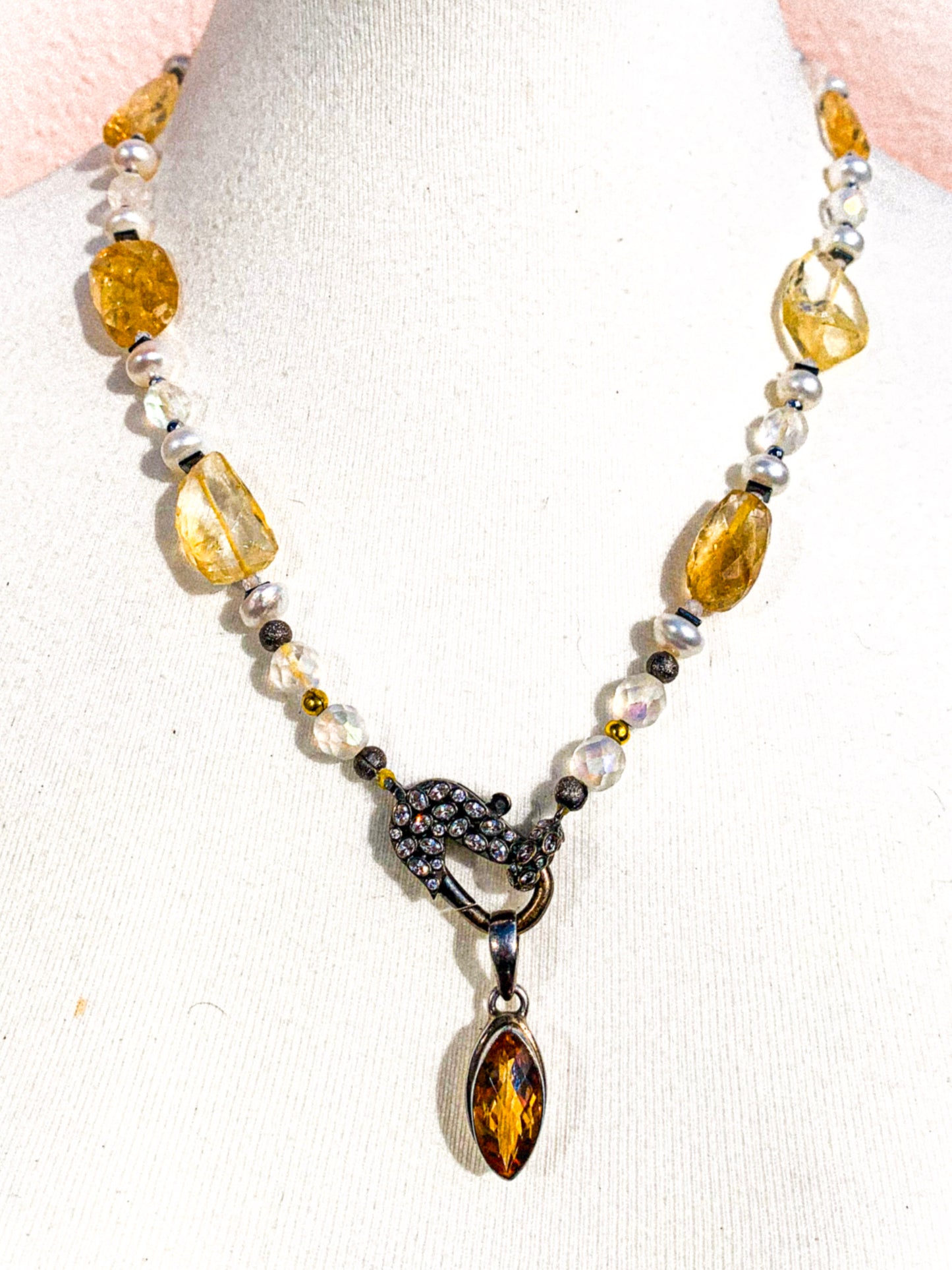 HAUTE : Art Deco - Pale Citrine, Pearl, Solid Gold, Frosted Crystal, CZ, Hematite Necklace - Short /H6AD