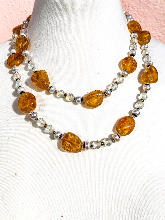 HAUTE : Art Deco - Citrine, Pearl, Solid Gold, CZ, Hematite, Frosted Crystal Necklace - Long /H5AD