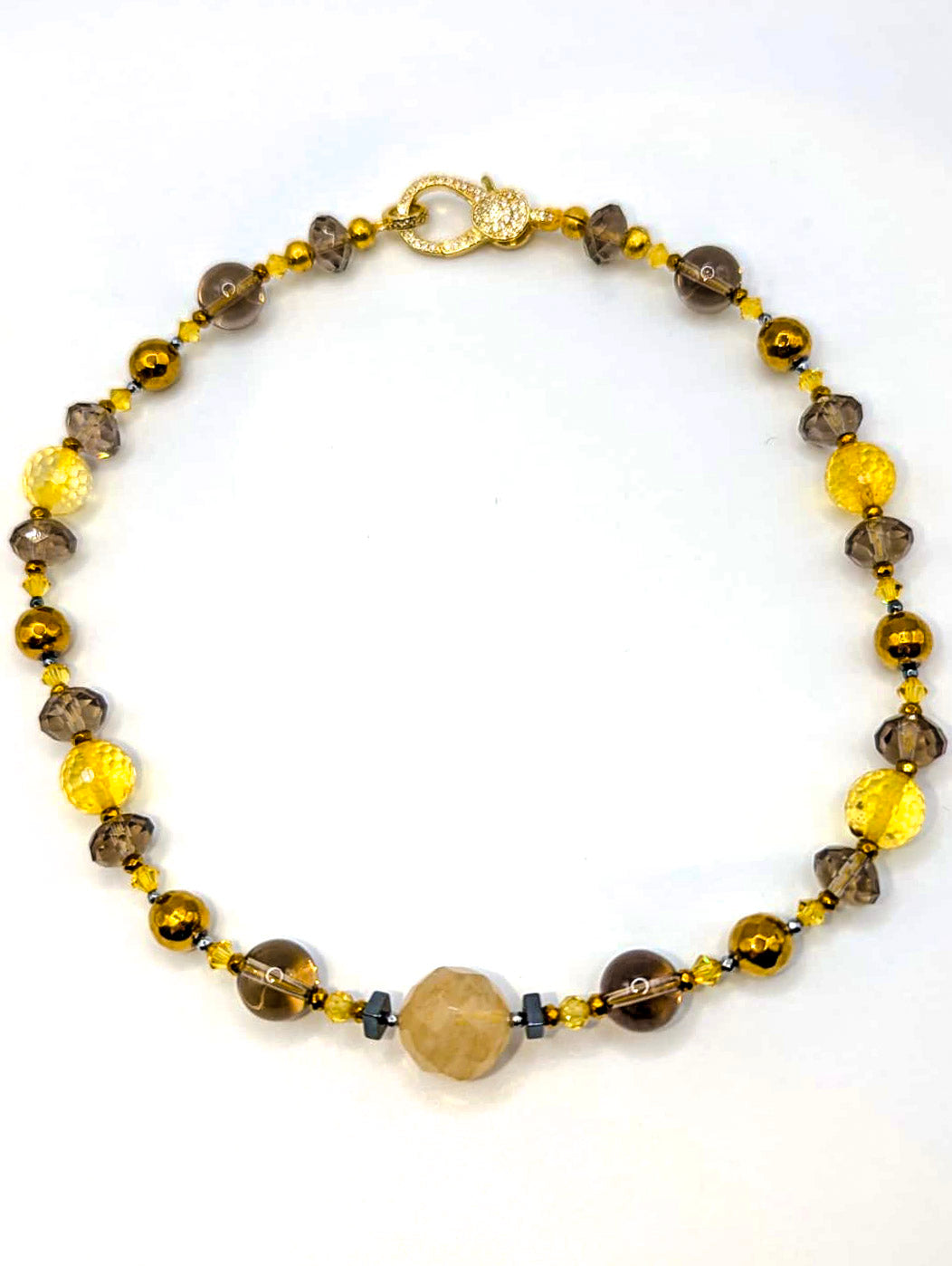 HAUTE : Rutilated Quartz, Smokey Quartz, Citrine, Hematite Cubic Zirconia Necklace / H11