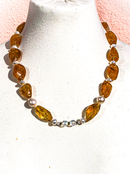 HAUTE : Art Deco - Citrine, Pearl, Solid Gold, CZ, Hematite, Frosted Crystal Necklace - Medium. /H3AD