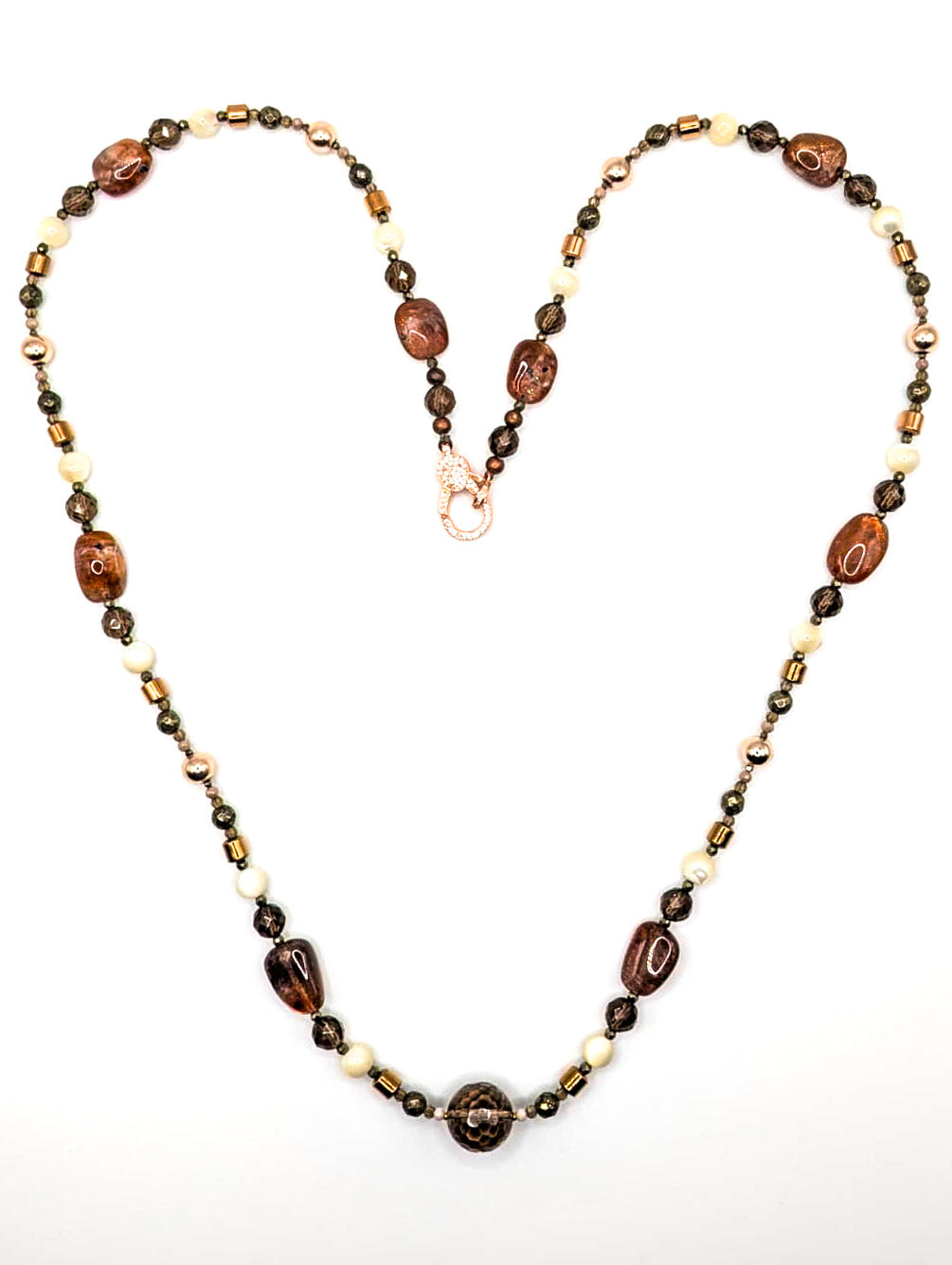 HAUTE : Smokey Quartz, Sunstone, Pyrite, Hematite, CZ, Mother of Pearl Necklace /H18