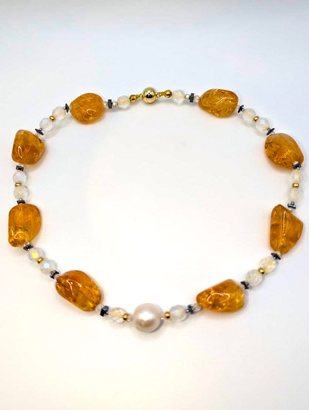 Haute : Art Deco - Citrine, Pearl, Solid Gold, CZ, Hematite, Frosted Crystal Necklace - Short /H4AD