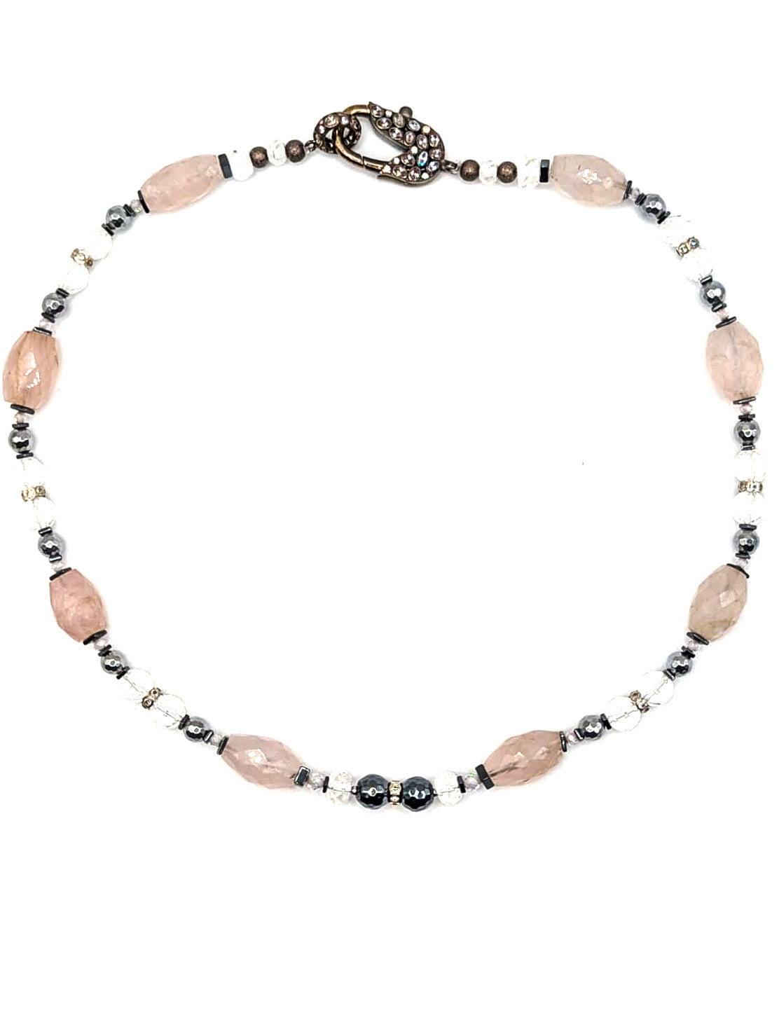 HAUTE : Art Deco - Rose Quartz, Rock Crystal, Hematite, CZ, Swarovski Crystal Necklace  w/ Limited Edition Art Deco Cubic Zirconia Clasp & optional Rose Quartz Star Pendant /H51AD*