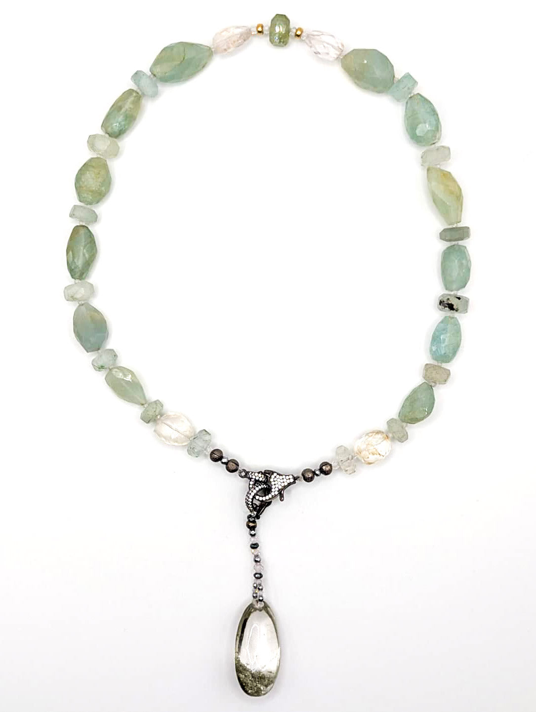 HAUTE : Aquamarine, Rock Crystal, Solid Gold, Silver & Oxidised Silver Hematite & Cubic Zirconia Pendant (Detachable) Necklace / H43
