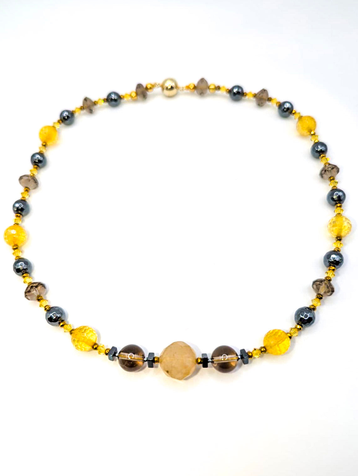 HAUTE : Citrine, Smokey Quartz, Rutilated Quartz, Hematite, Swarovski Crystal w/ 925 Vermeil Magnet Necklace /H16