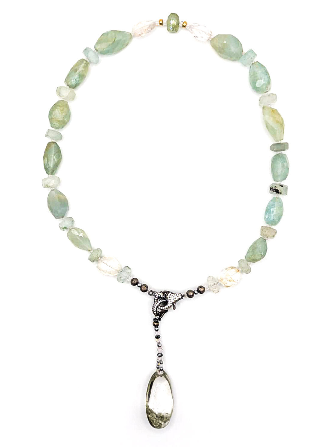 HAUTE : Aquamarine, Rock Crystal, Solid Gold, Silver & Oxidised Silver Hematite & Cubic Zirconia Pendant (Detachable) Necklace / H43