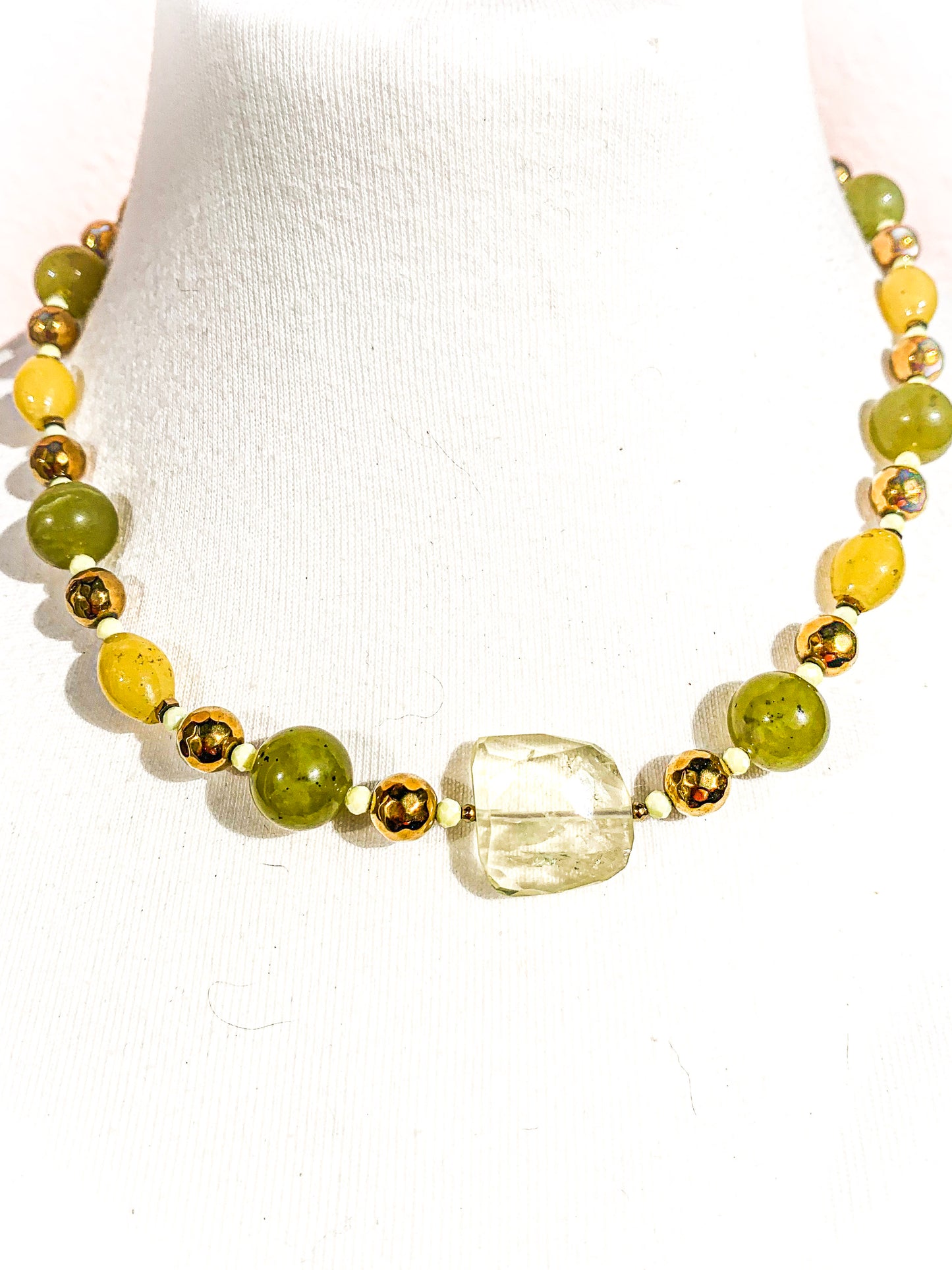 HAUTE : Pale Citrine, Golden Hematite, Cubic Zirconia, Green & Yellow Jade Necklace /H9