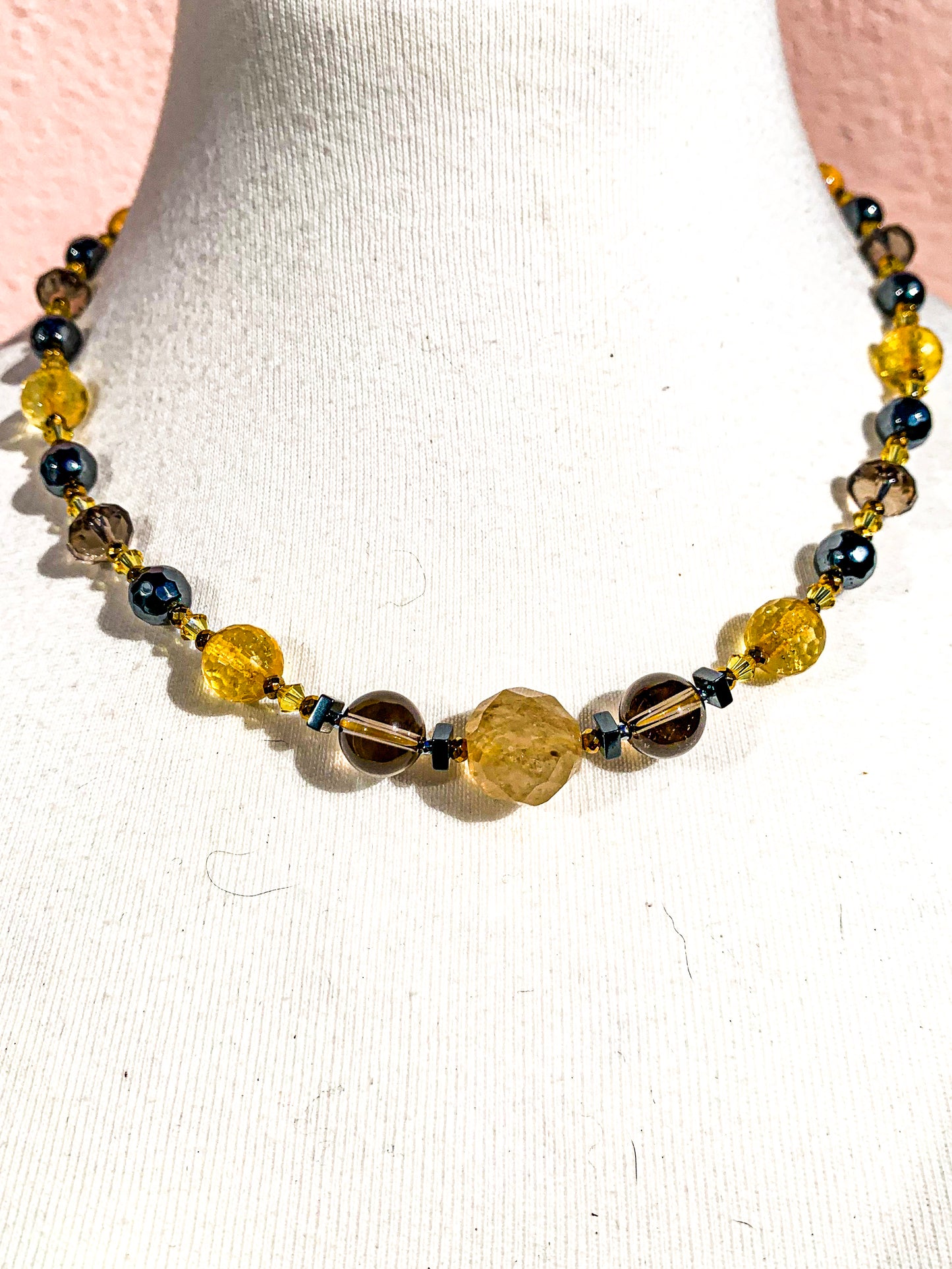 HAUTE : Citrine, Smokey Quartz, Rutilated Quartz, Hematite, Swarovski Crystal w/ 925 Vermeil Magnet Necklace /H16