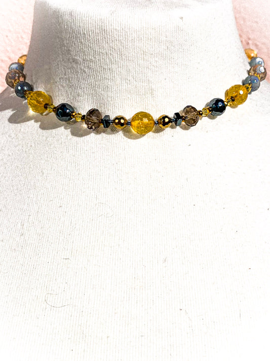 HAUTE : Smokey Quartz, Citrine, Hematite & Swarovski Crystal Necklace /H15