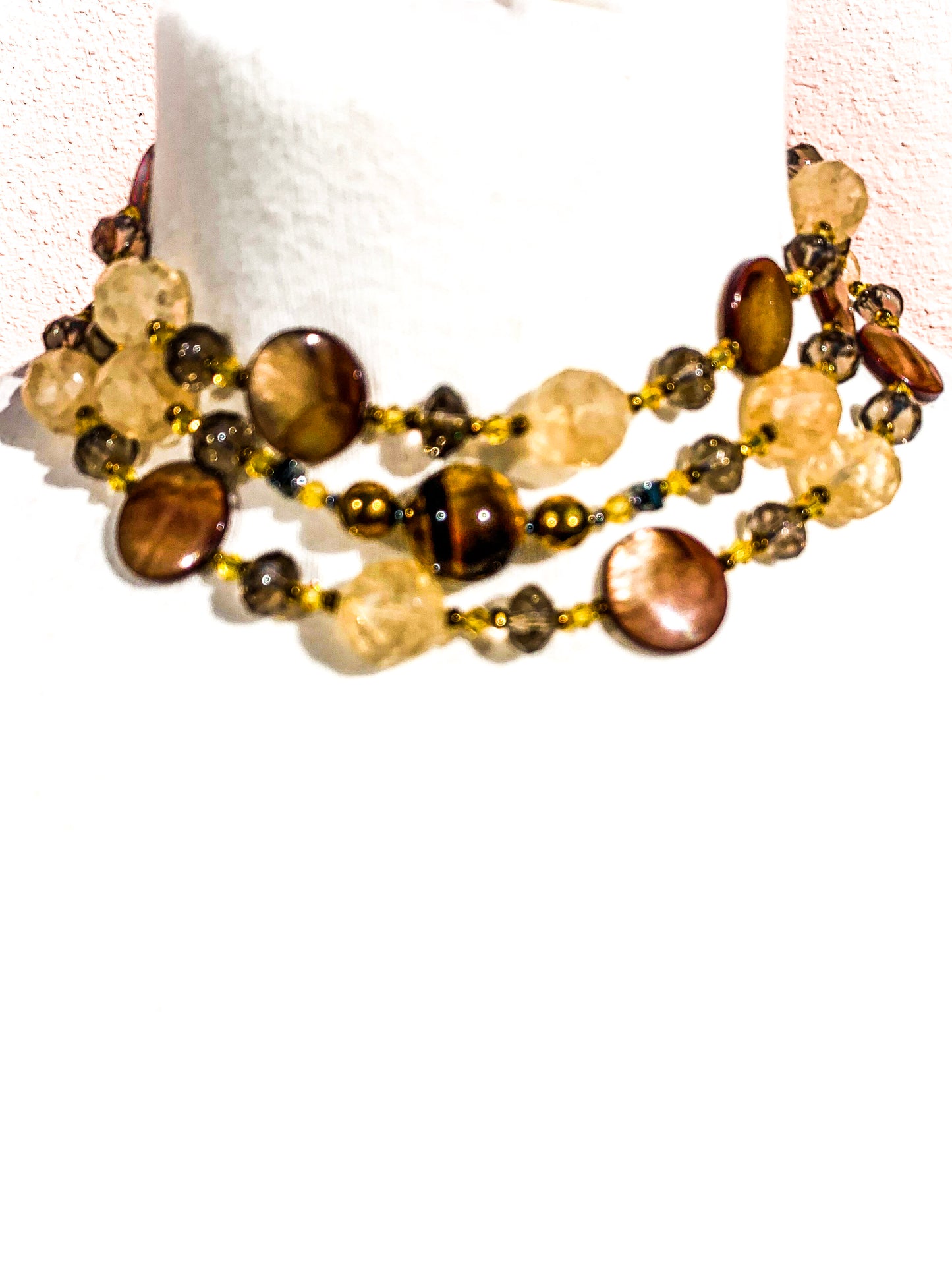 HAUTE : Smokey Quartz, Rutilated Quartz, Tigers Eye, Hematite, Swarovski Crystal & CZ, Mother of Pearl Necklace /H14
