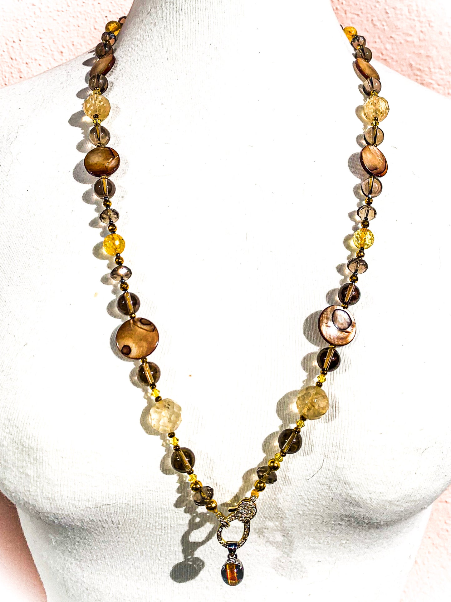 HAUTE : Smokey Quartz, Rutilated Quartz, Tigers Eye, Citrine, Hematite, Mother of Pearl Swarovski Crystal, CZ Necklace /H13