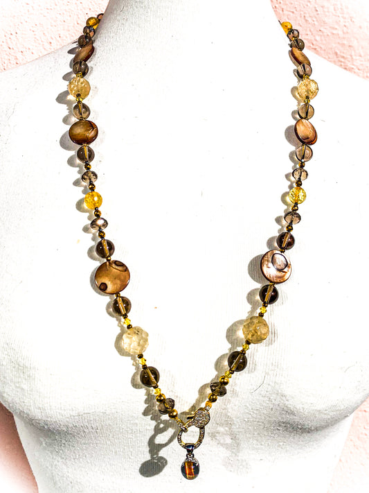 HAUTE : Smokey Quartz, Rutilated Quartz, Tigers Eye, Citrine, Hematite, Mother of Pearl Swarovski Crystal, CZ Necklace /H13