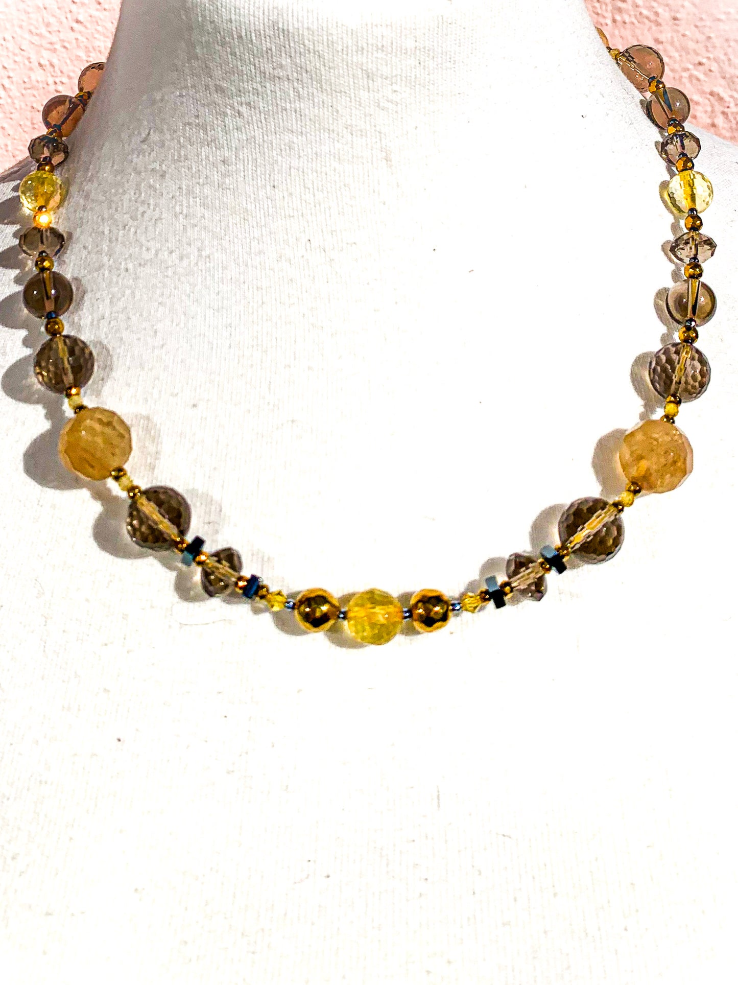 HAUTE : Rutilated Quartz, Smokey Quartz, Citrine, Hematite, CZ Necklace /H12