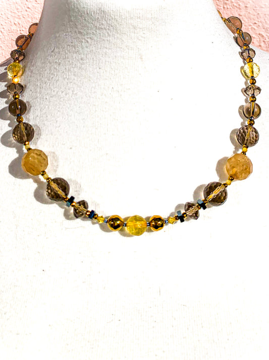 HAUTE : Rutilated Quartz, Smokey Quartz, Citrine, Hematite, CZ Necklace /H12