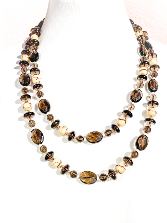 HAUTE : Smokey Quartz, Tiger Limestone, CZ Necklace /H23