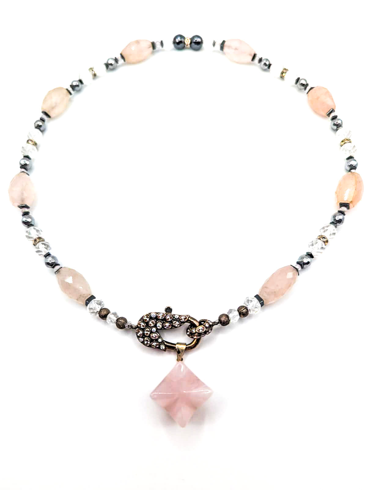 HAUTE : Art Deco - Rose Quartz, Rock Crystal, Hematite, CZ, Swarovski Crystal Necklace  w/ Limited Edition Art Deco Cubic Zirconia Clasp & optional Rose Quartz Star Pendant /H51AD*
