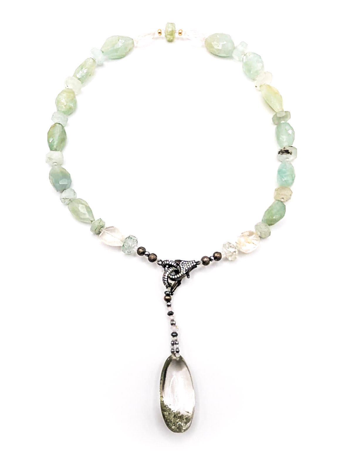 HAUTE : Aquamarine, Rock Crystal, Solid Gold, Silver & Oxidised Silver Hematite & Cubic Zirconia Pendant (Detachable) Necklace / H43