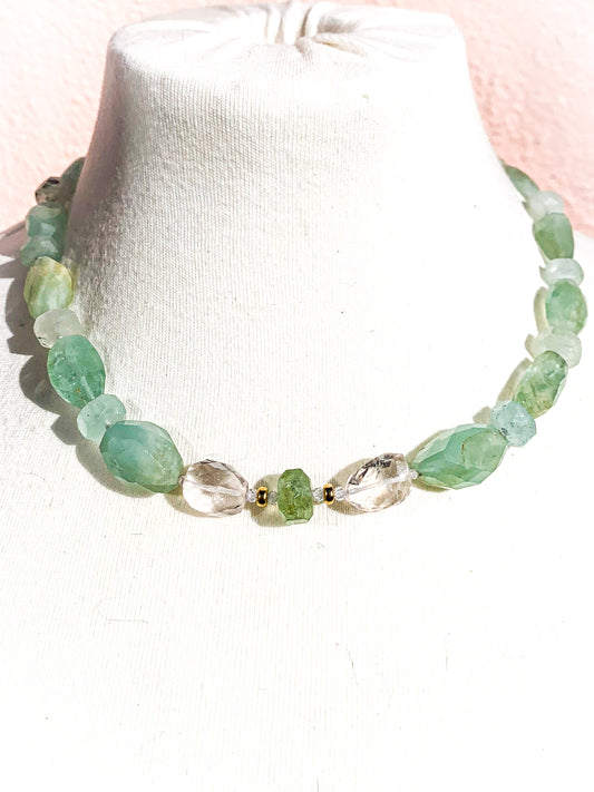 HAUTE : Aquamarine, Rock Crystal, Solid Gold, Silver & Oxidised Silver Hematite & Cubic Zirconia Pendant (Detachable) Necklace / H43