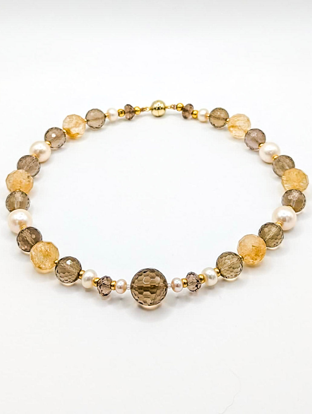 HAUTE : Smokey Quartz, Rutilated Quartz, Pearl, CZ & Solid Gold Necklace /H24