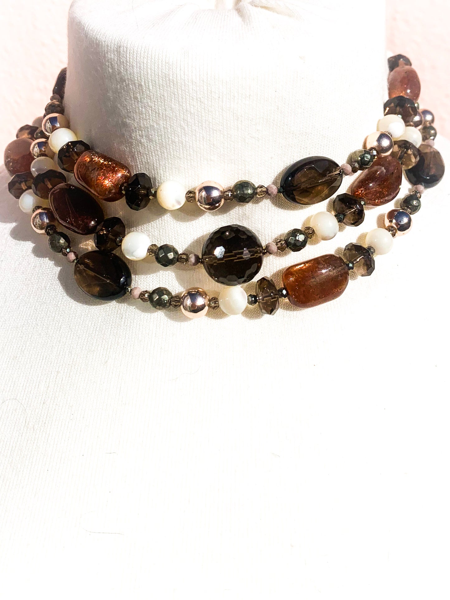 HAUTE - Smokey Quartz, Sunstone, Pyrite, Hematite, CZ, Mother of Pearl Necklace /H19