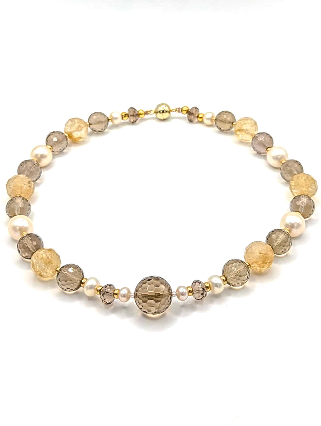 HAUTE : Smokey Quartz, Rutilated Quartz, Pearl, CZ & Solid Gold Necklace /H24