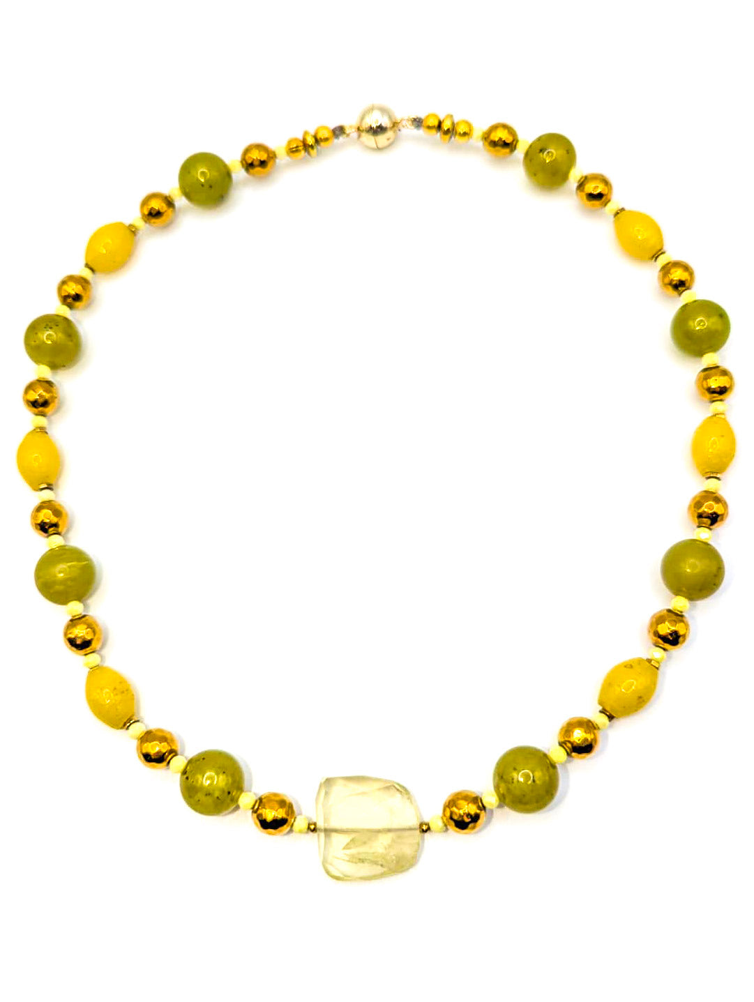 HAUTE : Pale Citrine, Golden Hematite, Cubic Zirconia, Green & Yellow Jade Necklace /H9
