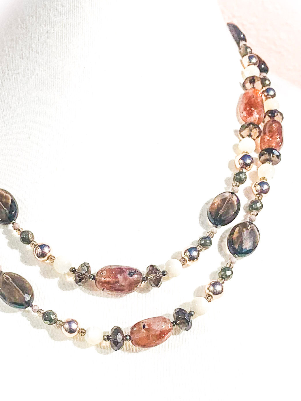 HAUTE - Smokey Quartz, Sunstone, Pyrite, Hematite, CZ, Mother of Pearl Necklace /H19