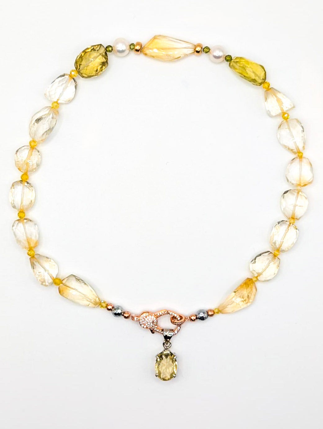 HAUTE : Pale Citrine, Lemon Quartz, Gold, Pearl & CZ Pendant Necklace /H8