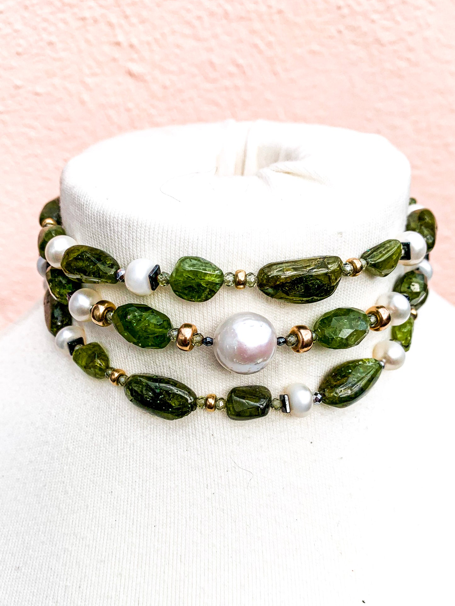 HAUTE : Art Deco - Peridot, Solid Gold, Pearl, CZ, Hematite, Unikite Necklace - Long / H46AD