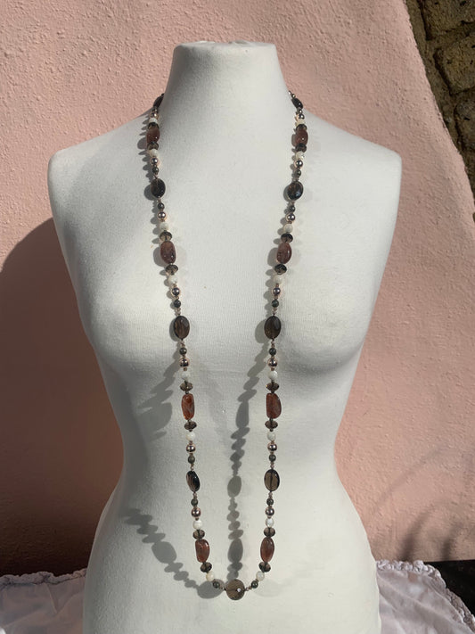 HAUTE - Smokey Quartz, Sunstone, Pyrite, Hematite, CZ, Mother of Pearl Necklace /H19