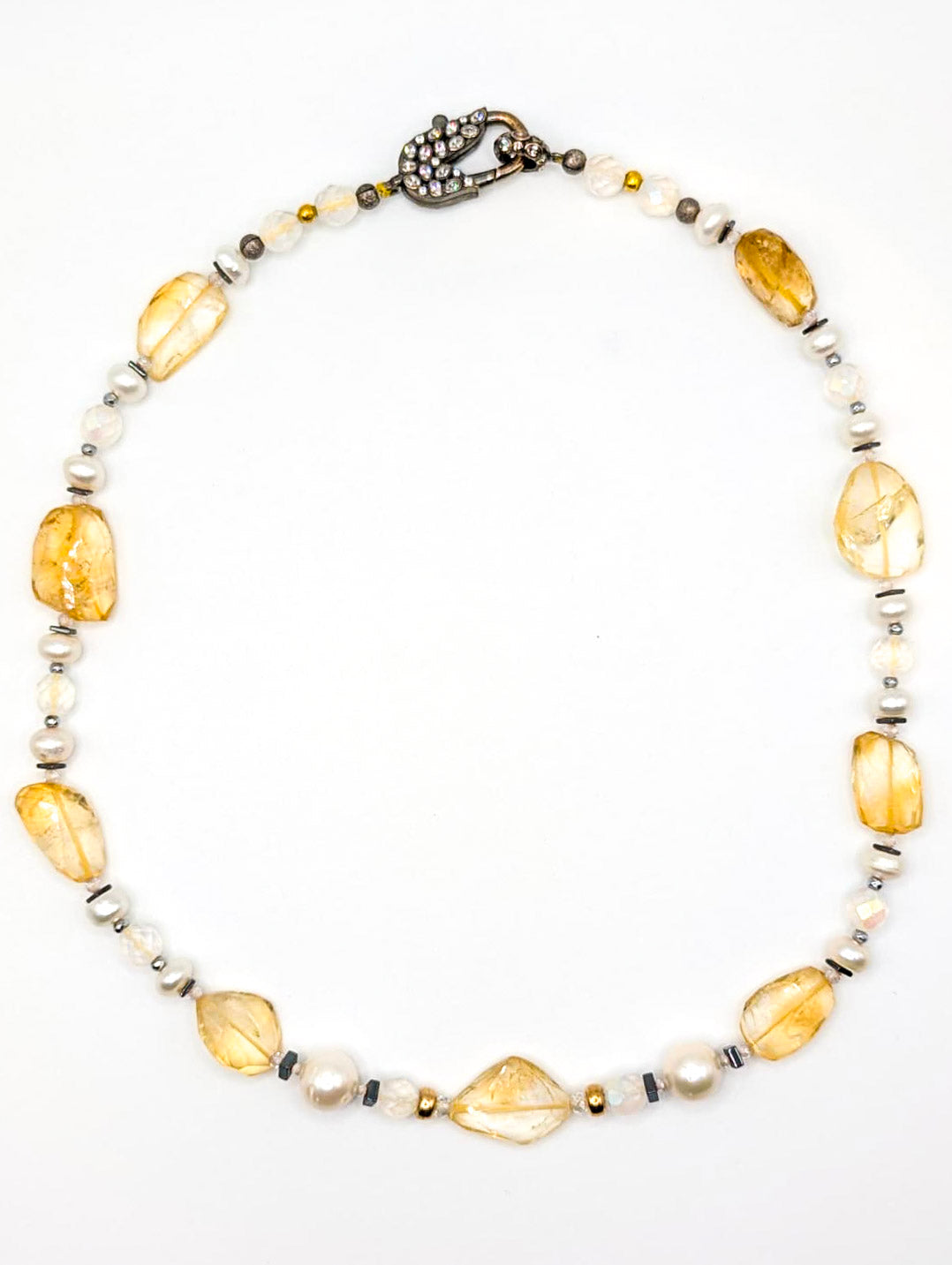 HAUTE : Art Deco - Pale Citrine, Pearl, Solid Gold, Frosted Crystal, CZ, Hematite Necklace - Short /H6AD