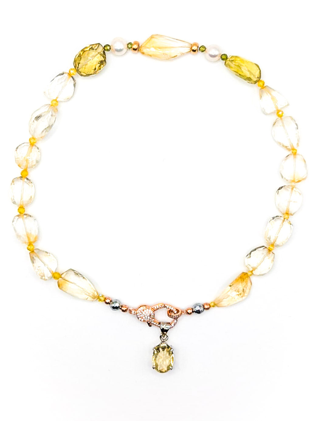 HAUTE : Pale Citrine, Lemon Quartz, Gold, Pearl & CZ Pendant Necklace /H8