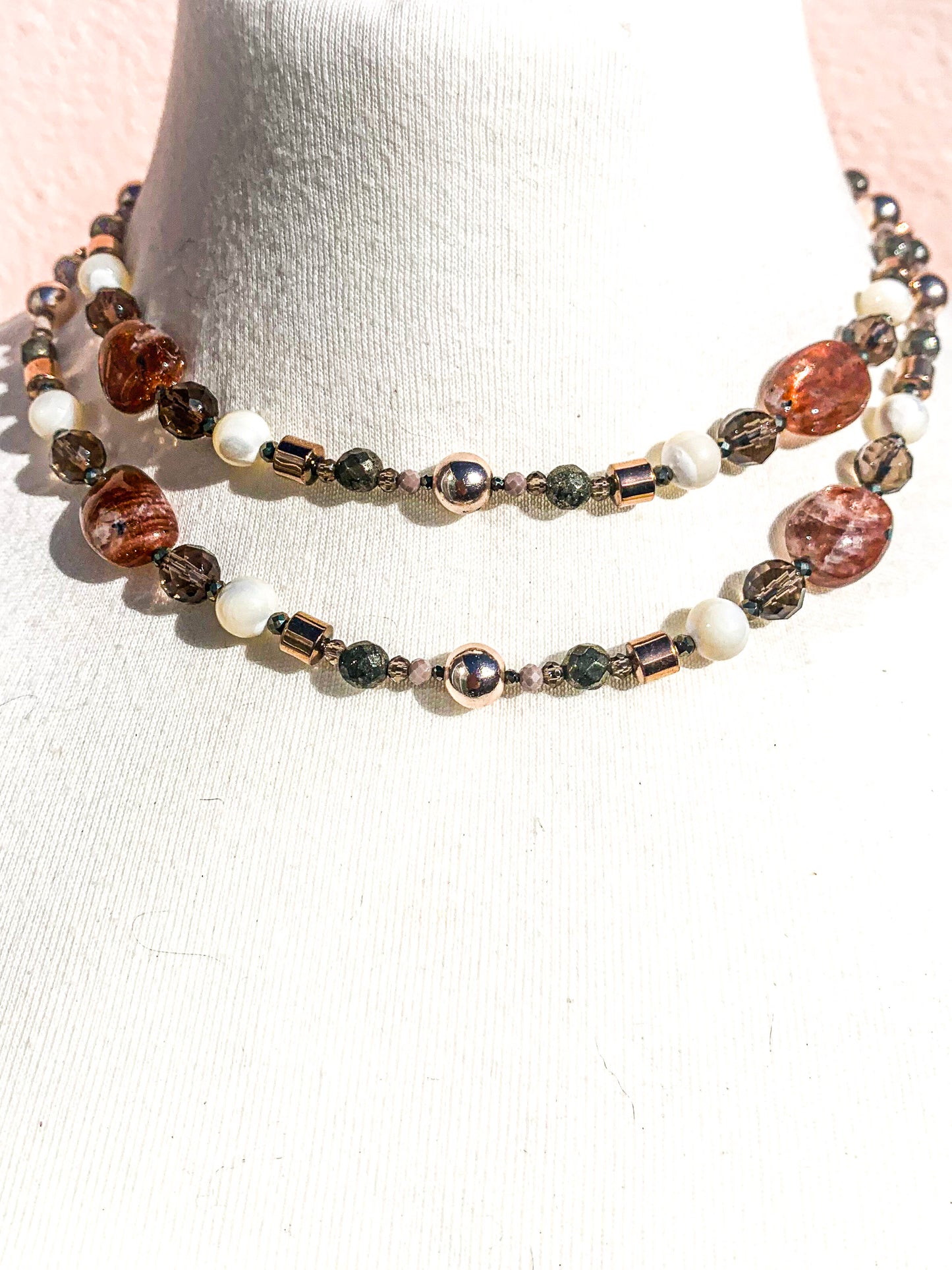 HAUTE : Smokey Quartz, Sunstone, Pyrite, Hematite, CZ, Mother of Pearl Necklace /H18