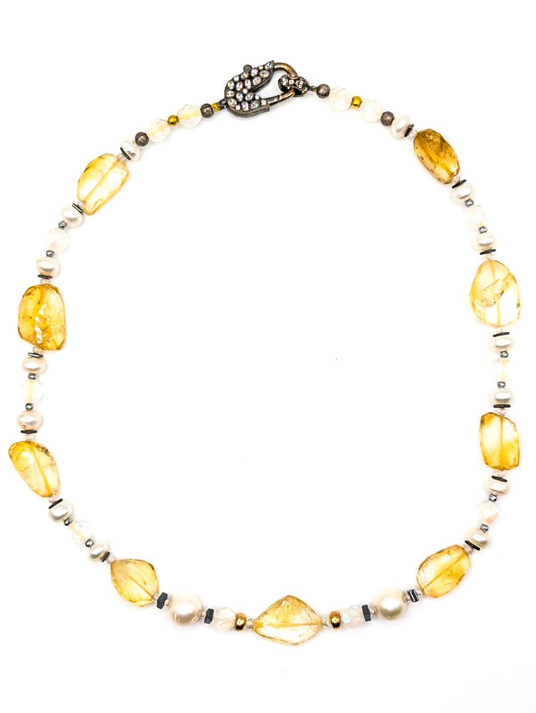 HAUTE : Art Deco - Pale Citrine, Pearl, Solid Gold, Frosted Crystal, CZ, Hematite Necklace - Short /H6AD