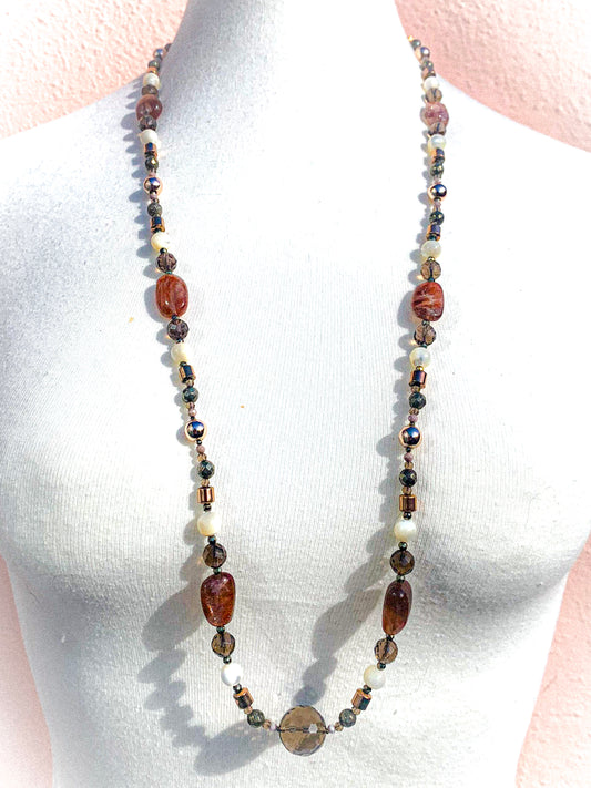 HAUTE : Smokey Quartz, Sunstone, Pyrite, Hematite, CZ, Mother of Pearl Necklace /H18