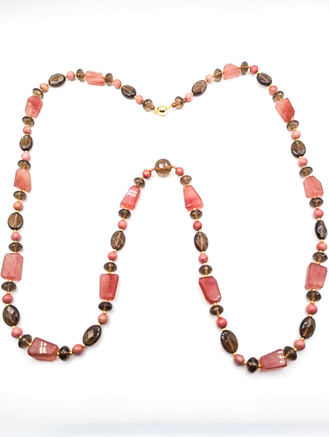 HAUTE : Strawberry Quartz, Smokey Quartz, CZ & Matt Gold Glass Necklace / H27