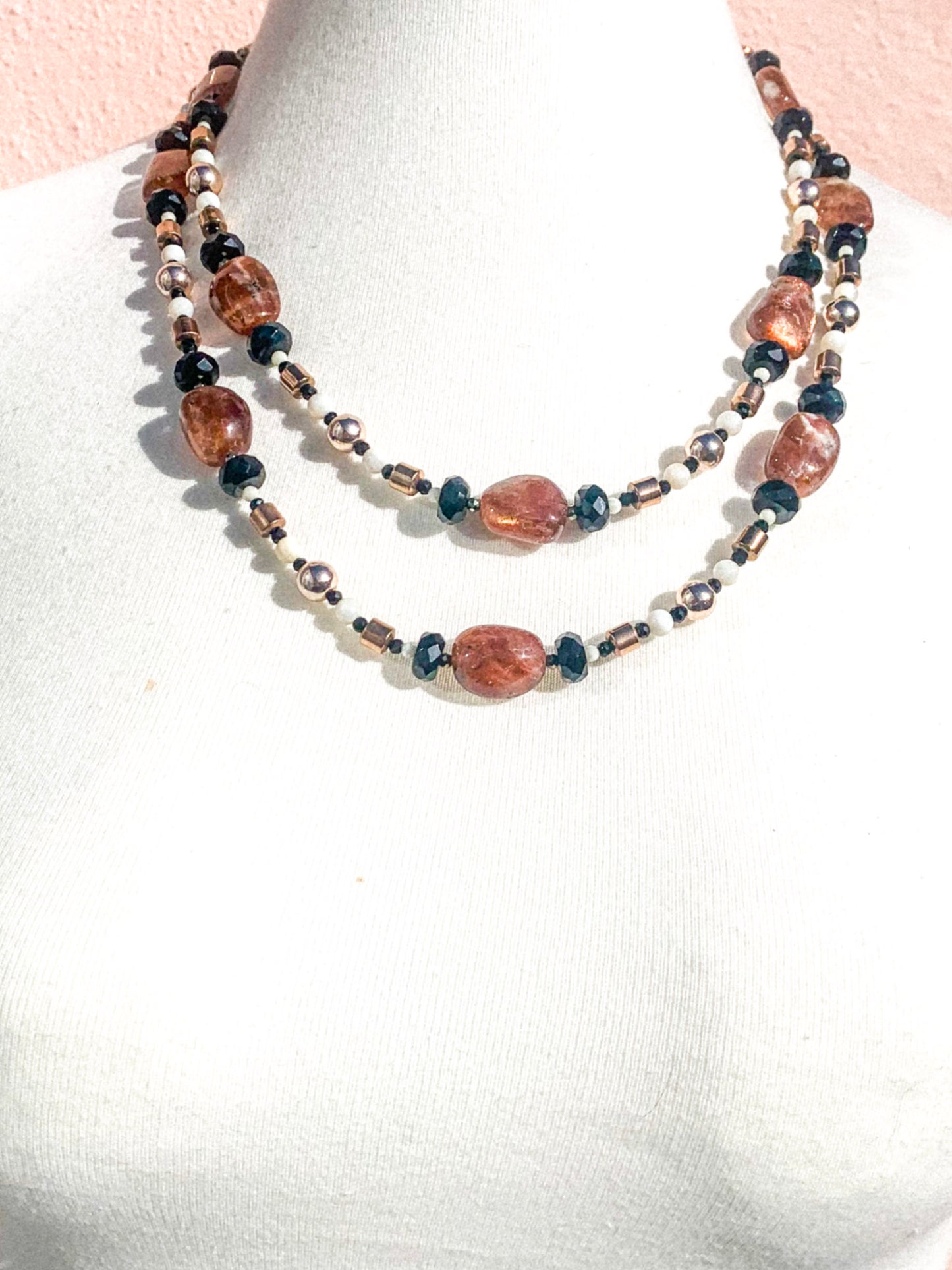 HAUTE - Onyx, Sunstone, Pyrite, Hematite, CZ, Mother of Pearl Necklace /H21