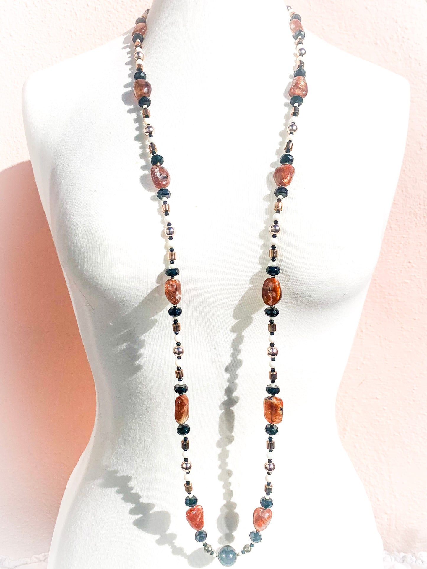 HAUTE - Onyx, Sunstone, Pyrite, Hematite, CZ, Mother of Pearl Necklace /H21