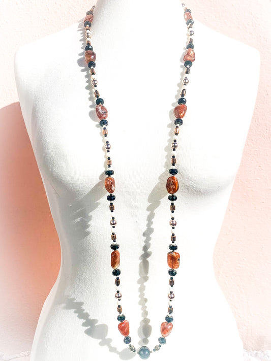 HAUTE - Onyx, Sunstone, Pyrite, Hematite, CZ, Mother of Pearl Necklace /H21