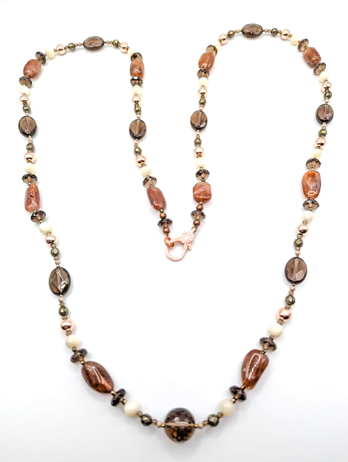 HAUTE - Smokey Quartz, Sunstone, Pyrite, Hematite, CZ, Mother of Pearl Necklace /H19