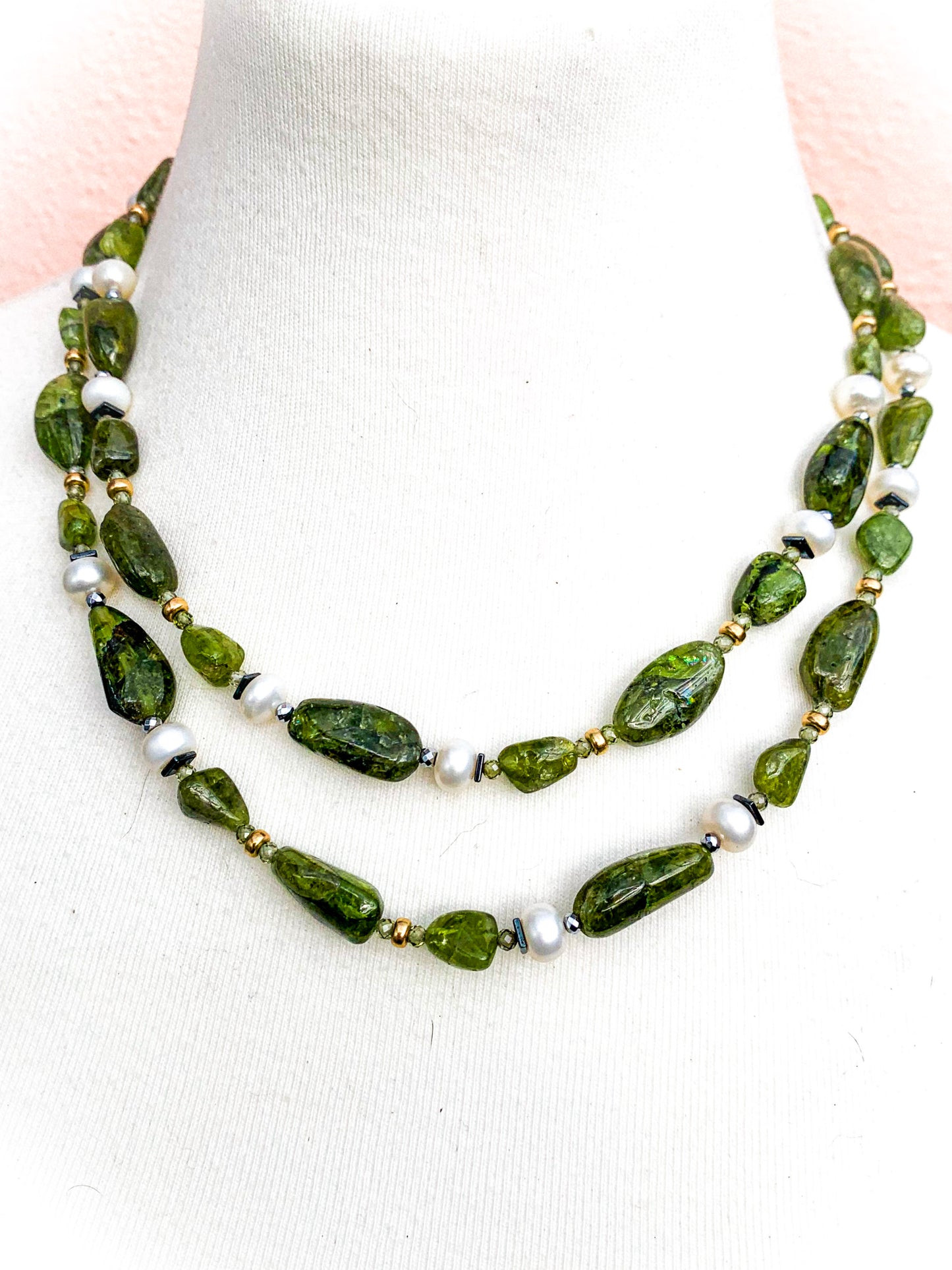 HAUTE : Art Deco - Peridot, Solid Gold, Pearl, CZ, Hematite, Unikite Necklace - Long / H46AD