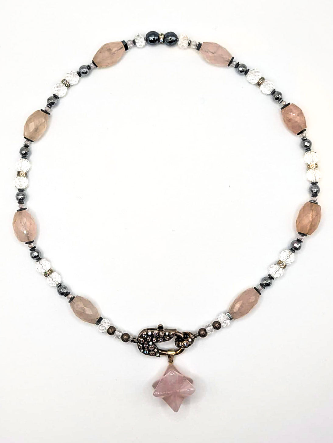 HAUTE : Art Deco - Rose Quartz, Rock Crystal, Hematite, CZ, Swarovski Crystal Necklace  w/ Limited Edition Art Deco Cubic Zirconia Clasp & optional Rose Quartz Star Pendant /H51AD*
