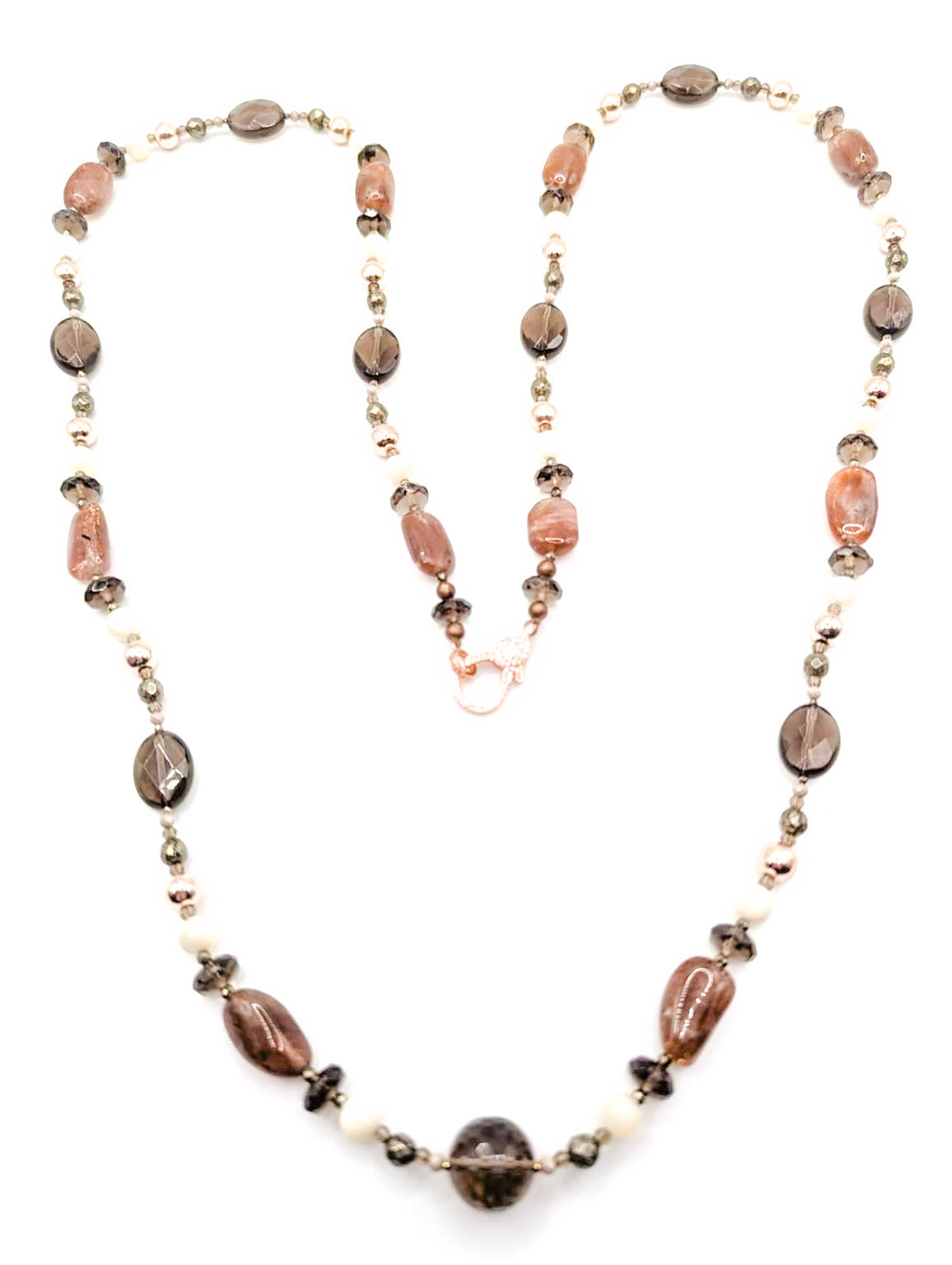 HAUTE - Smokey Quartz, Sunstone, Pyrite, Hematite, CZ, Mother of Pearl Necklace /H19