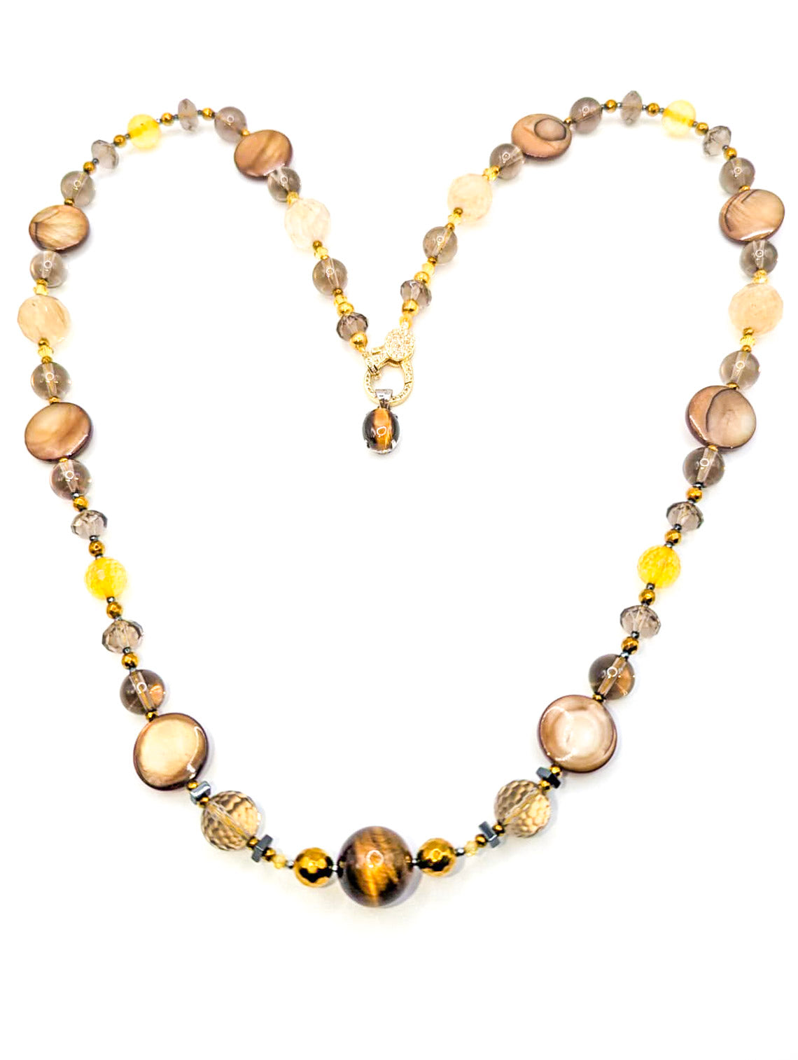 HAUTE : Smokey Quartz, Rutilated Quartz, Tigers Eye, Citrine, Hematite, Mother of Pearl Swarovski Crystal, CZ Necklace /H13