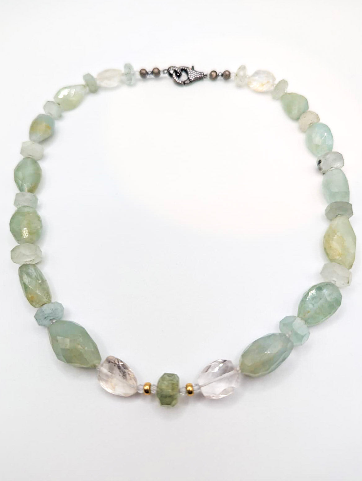 HAUTE : Aquamarine, Rock Crystal, Solid Gold, Silver & Oxidised Silver Hematite & Cubic Zirconia Pendant (Detachable) Necklace / H43