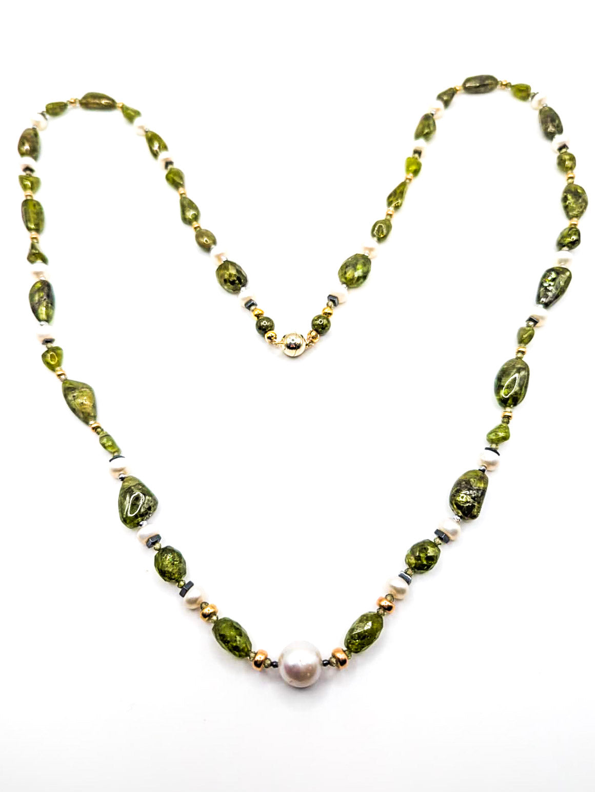 HAUTE : Art Deco - Peridot, Solid Gold, Pearl, CZ, Hematite, Unikite Necklace - Long / H46AD