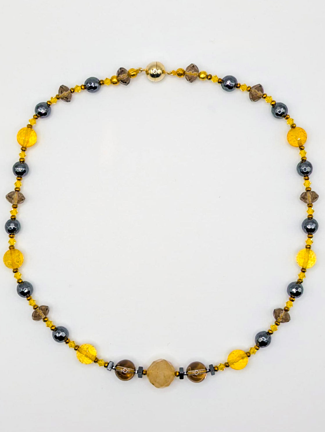 HAUTE : Citrine, Smokey Quartz, Rutilated Quartz, Hematite, Swarovski Crystal w/ 925 Vermeil Magnet Necklace /H16